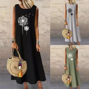 Модные женские платья Летнее повседневное пляжное длинное платье без рукавов с круглым вырезом и карманами для отпуска L армия зеленый