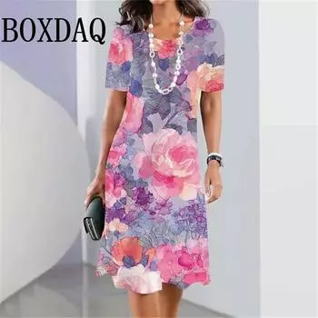 Модные женские платья с принтом розовых цветов 3D, одежда с коротким рукавом, элегантное свободное платье, летний женский сарафан, платья для отпуска 2025 S