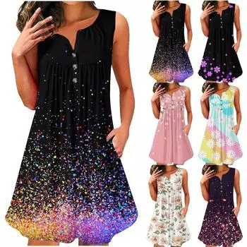 Модные женские платья-туники без рукавов с v-образным вырезом и принтом, платье-футболка больших размеров