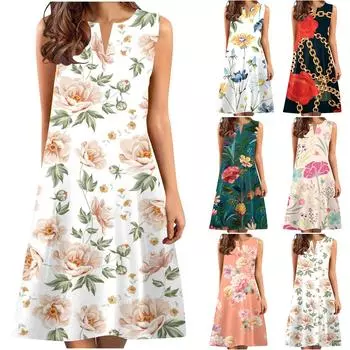 Модные женские платья-туники с v-образным вырезом и цветочным принтом без рукавов, платье-футболка больших размеров