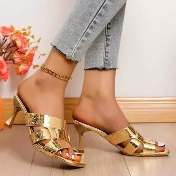 Модные женские плетеные тапочки, летние новые квадратные босоножки с открытым носком и ярким лицом на шпильках, универсальная женская обувь 35 золотой