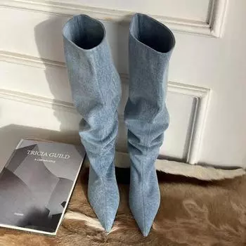 модные женские плиссированные сапоги челси с высоким острым носком, женские ботильоны, осенние ковбойские сапоги в стиле ретро на низком каблуке Bota Feminina 35 черный серый