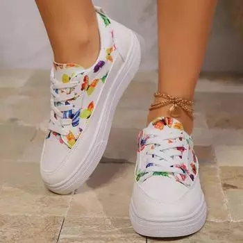 модные женские плоские кроссовки модные принтованные случайные кроссовки для ходьбы 2024 осень новая мода кружевное платье бег 36 белый