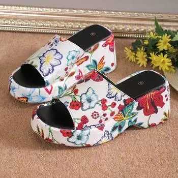 модные женские пляжные тапочки летняя мода бохо танкетки тапочки для женщин на платформе высокие каблуки тапочки женская повседневная обувь 36 чёрный