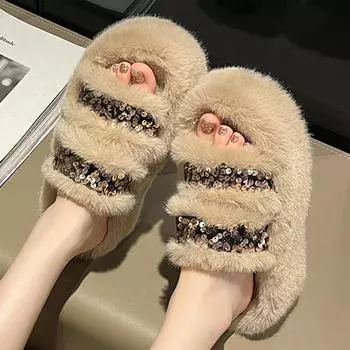 Модные женские плюшевые тапочки на платформе с блестками, модные разноцветные пушистые тапочки на толстой подошве, осенние теплые тапочки для дома, размер 35-42 35 бежевый