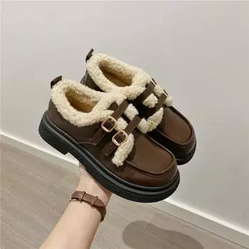 Модные женские плюшевые туфли из кожи на осень-зиму, теплые, удобные, нескользящие, на плоской подошве, хлопковые туфли, повседневная обувь для вечеринок 2025 35 коричневый