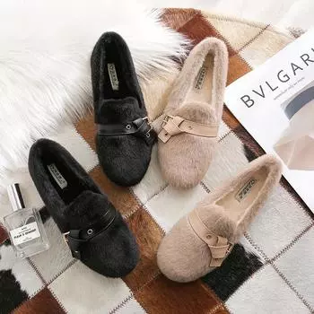 Модные женские плюшевые туфли на плоской подошве Зимние теплые сапоги для отдыха на открытом воздухе Стильный дизайн с круглым носком Черные меховые туфли Обувь для отдыха Lefu Большие размеры 35 чёрный