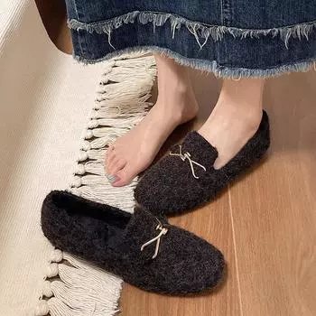 Модные женские плюшевые туфли на плоской подошве из искусственной шерсти, теплые мокасины, зимние милые флисовые туфли без застежек, туфли-лодочки на плоской подошве, женские туфли большого размера Laxzy 35 чёрный