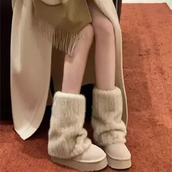 Модные женские плюшевые зимние сапоги, теплые, с толстой подошвой, нескользящие, корейские, простые, повседневные, короткие сапоги Zapatos De Mujer 2024 35 бежевый