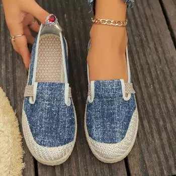 Модные женские полосатые льняные холщовые балетки Vegan Linen 2024 Новый стиль Удобные женские повседневные эспадрильи Лоферы Серо-голубые 36 синий