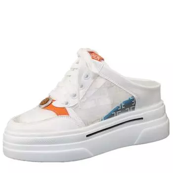 Модные женские получешки кроссовки 2024 летние кожаные тапочки на высоком каблуке 8 см повседневные женские кроссовки на шнуровке обувь модные летние тапочки 34 белый