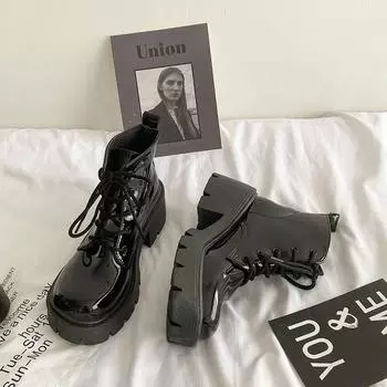 Модные женские полусапожки из лакированной кожи 2024 года, новые весенне-осенние короткие сапоги на толстом каблуке, короткие сапоги в британском стиле на высоком каблуке 35