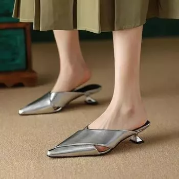 Модные женские полутапочки Baotou, летние, для улицы, с острыми каблуками, ленивые, серебристые/золотистые, женские сандалии на шпильках 35