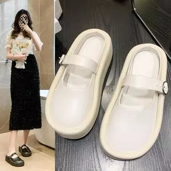 Модные женские полутапочки ленивые туфли толстая подошва плюс высота уродливые тапочки весенние толстая подошва сплошная пряжка повседневные тапочки женская обувь 35 бежевый
