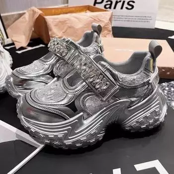 Модные женские полые кроссовки, летние туфли на массивной платформе со шнуровкой и кристаллами, синтетические лоскутные женские сандалии с широким носком 35 серебряный
