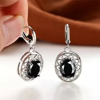 Модные женские полые серьги с цветочным узором, висячие серьги-крючки, роскошные обручальные свадебные романтические украшения, зажимы для ушей из черного камня овальной огранки чёрный