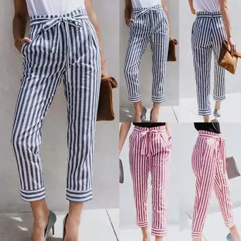 Модные женские повседневные девятые брюки в полоску с поясом