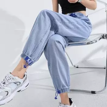 Модные женские повседневные джинсы, летние свободные эластичные брюки-карандаш для боди M синий