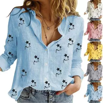 Модные женские повседневные хлопковые и льняные рубашки с принтом звезд и длинными рукавами, топы XL розовый