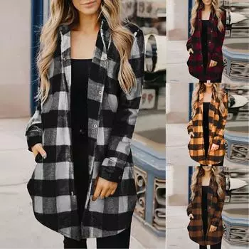 Модные женские повседневные карманы с решетчатым принтом и длинными рукавами, куртка, пальто L синий