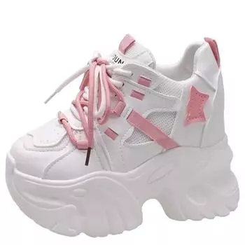 модные женские повседневные кожаные кроссовки 10,5 см, осенние туфли на шнуровке с высокой платформой, толстая подошва, спортивная обувь для папы, женские кроссовки Chaussure Femme 34 чёрный