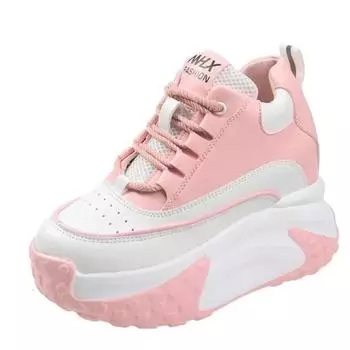 Модные женские повседневные кожаные туфли на высокой платформе 2024 года, новые осенние кроссовки на шнуровке, массивные кроссовки 8 см, танкетка, скрытые каблуки, женская обувь для отдыха 34 бежевый