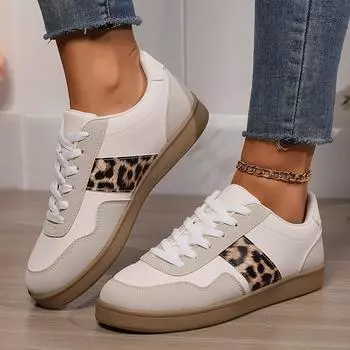 Модные женские повседневные кроссовки с леопардовым принтом на шнуровке 35 бежевый