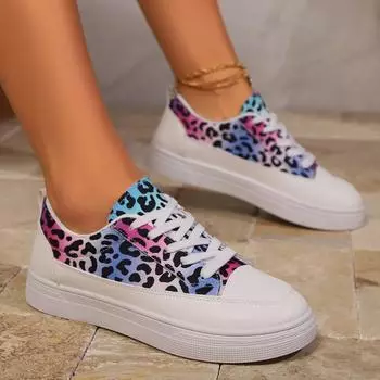 Модные женские повседневные летние туфли на плоской подошве с леопардовым принтом на шнуровке 2024 года для прогулок на открытом воздухе удобные женские туфли-одиночки 36 цветной печати леопарда