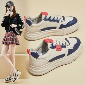 Модные женские повседневные модные кроссовки на шнуровке, новые, четырехсезонные, нескользящие, прочные, на плоской подошве, кроссовки для бега на толстой подошве из вулканизированной кожи 35 чёрный