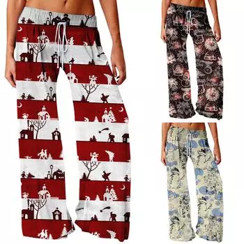 Модные женские повседневные модные свободные удобные широкие брюки с рождественским принтом для йоги XXL чёрный