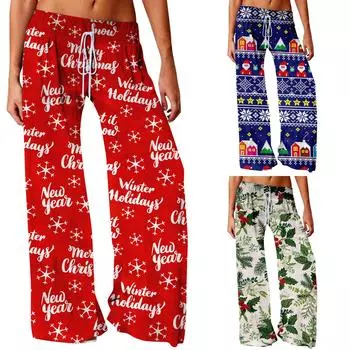 Модные женские повседневные модные свободные удобные широкие брюки с рождественским принтом для йоги L синий