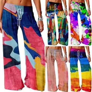 Модные женские повседневные модные свободные удобные широкие брюки для йоги с принтом L синий