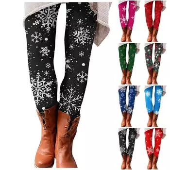 Модные женские повседневные облегающие брюки с высокой талией и рождественским принтом L чёрный