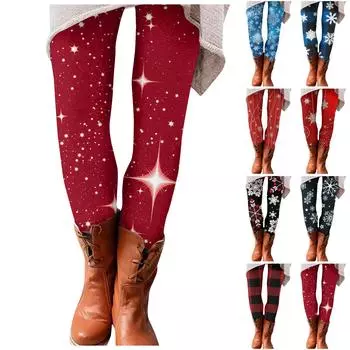 Модные женские повседневные облегающие брюки с высокой талией и рождественским принтом L чёрный