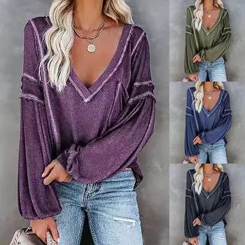 Модные женские повседневные однотонные лоскутные топы с длинным рукавом и V-образным вырезом L синий