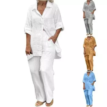 Модные женские повседневные однотонные рубашки с длинным рукавом из хлопка и льна, брючный костюм L синий