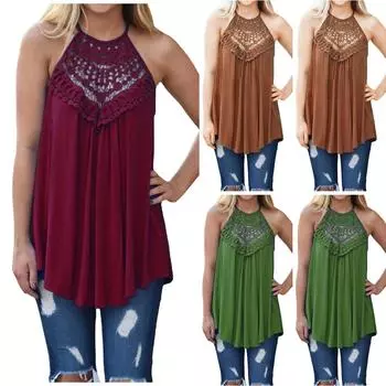 Модные женские повседневные однотонные топы с V-образным вырезом без рукавов, кружевные жилеты с вышивкой, топы XXL кофейный