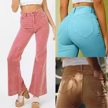 Модные женские повседневные однотонные вельветовые расклешенные брюки с высокой талией и широкими штанинами