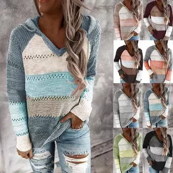 Модные женские повседневные пэчворк с v-образным вырезом и длинными рукавами с капюшоном и блузкой L синий