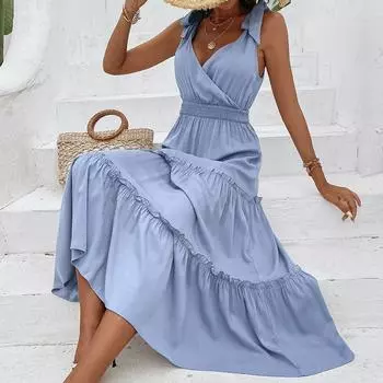 Модные женские повседневные платья без рукавов, летнее платье с галстуком-бабочкой на шнуровке, свободное синее элегантное платье, женское вечернее платье трапециевидной формы с рюшами и V-образным вырезом с высокой талией 925 S синий