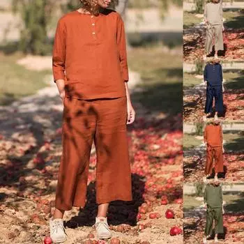 Модные женские повседневные пуговицы со средним рукавом и карманом, однотонный хлопковый комплект с круглым вырезом, топ и брюки XL бежевый