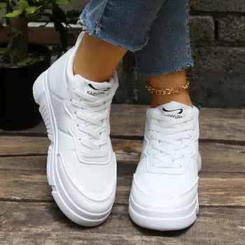 Модные женские повседневные ретро-кроссовки большого размера с круглым носком, однотонные, с покатым каблуком, толстая подошва, беговая обувь, женская обувь для ходьбы 35 белый