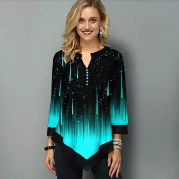 Модные женские повседневные рубашки с длинными рукавами и цветочным принтом с градиентом и v-образным вырезом, блузки, топы-туники S чёрный