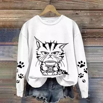 Модные женские повседневные с длинным рукавом и круглым вырезом, симпатичные кошачьи топы, кошачий принт, свитера с животными, одежда для девочек Kawaii, топы S