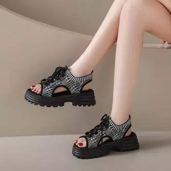 Модные женские повседневные сандалии, летние повседневные дышащие сетчатые спортивные сандалии со шнуровкой и открытым носком, 2024 г., новые трикотажные сандалии на платформе для активного отдыха 35 бежевый