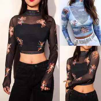 Модные женские повседневные сетчатые топы с длинным рукавом с принтом, футболка M синий