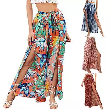 Модные женские повседневные широкие брюки с принтом, прямые брюки, брюки с разрезом L синий