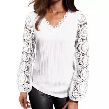 Модные женские повседневные свободные кружевные футболки с длинными рукавами, летние топы, топы с принтом L белый