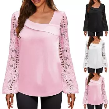 Модные женские повседневные свободные кружевные футболки с длинными рукавами, летние топы, топы с принтом L чёрный