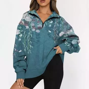 Модные женские повседневные свободные толстовки с длинным рукавом и застежкой-молнией с заниженной линией плеч для отдыха на открытом воздухе с цветочным принтом S темно-синий